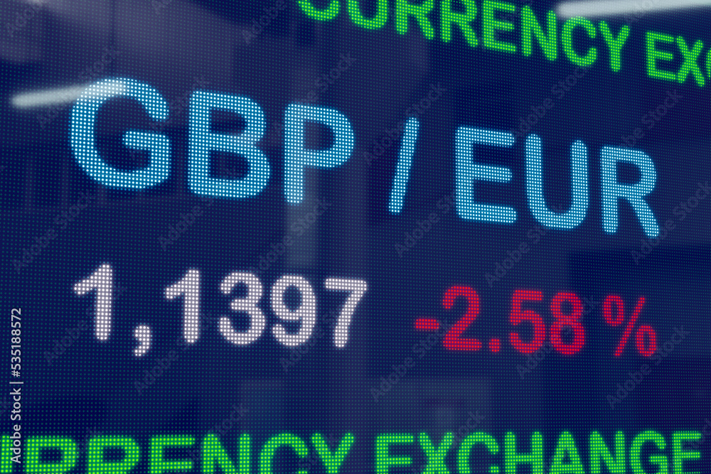 GBP - EUR currency exchange rate. British Pound drops against the Euro. Blue LED screen with negative percentage sign. Currency trading, Forex market and business concept. 3D illustration GBP - EUR currency exchange rate. British Pound drops against the Euro. Blue LED screen with negative percentage sign. Currency trading, Forex market and business concept. 3D illustration