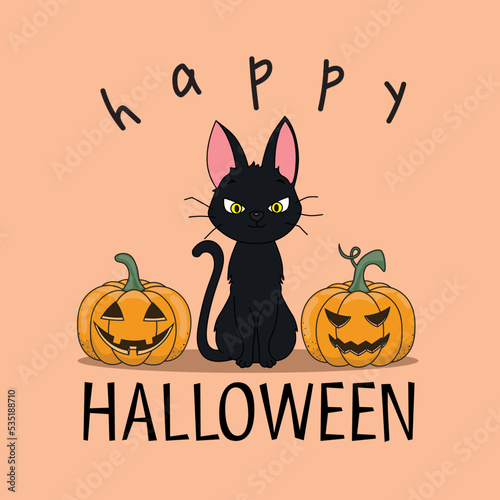 Halloween card. Black cat with pumpkins. isolated vector