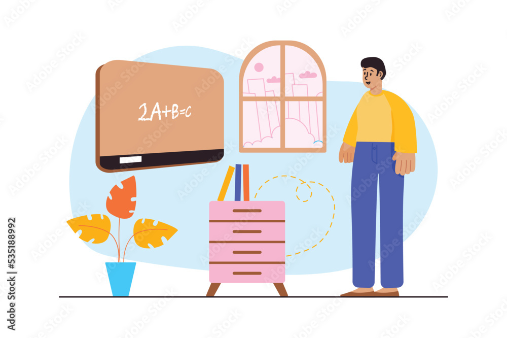 Back to school concept with people scene in the flat cartoon design. Student returned to school for his first math lesson. Vector illustration. Back to school concept with people scene in the flat cartoon design. Student returned to school for his first math lesson. Vector illustration.