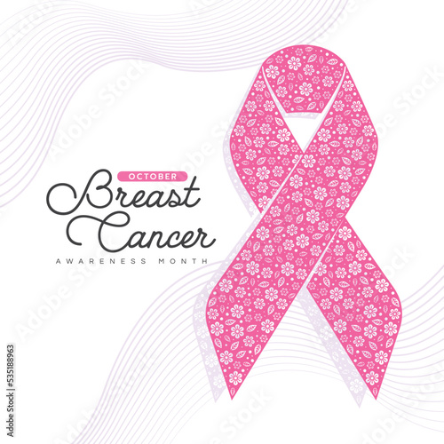 Breast cancer awareness month - pink ribbon awareness sign with abstract flowers and leaf texture on abstract line blend background vector design