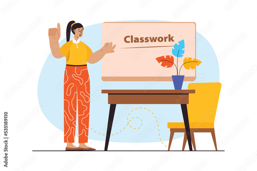 Concept Study time with people scene in the flat cartoon design. Teacher emphasizes the topic of the lesson, which is written on the whiteboard. Vector illustration.