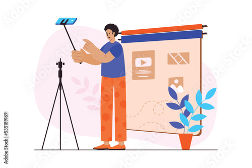 Concept Video blogging with people scene in the flat cartoon style. Blogger broadcasts live using a phone and a selfie stick. Vector illustration.