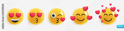 Emotion Realistic 3d Render. Set Icon Smile Emoji. Vector yellow glossy emoticons.