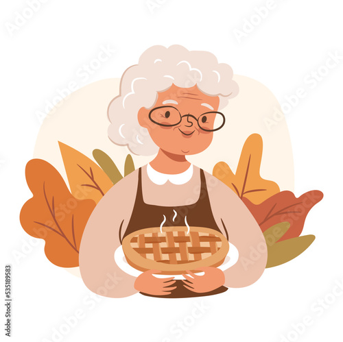 Granny holding a pie concept. Cute senior woman character on Thanksgiving isolated on white