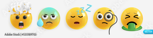 Emotion Realistic 3d Render. Set Icon Smile Emoji. Vector yellow glossy emoticons.