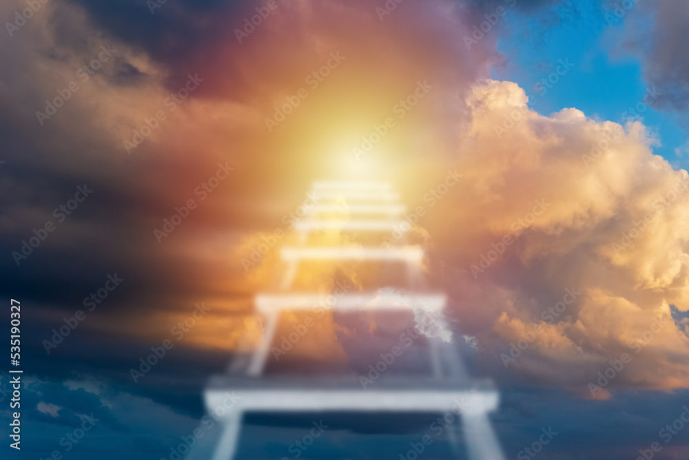 Stairway to Heaven. Stairs in sky. Concept with sun and clouds