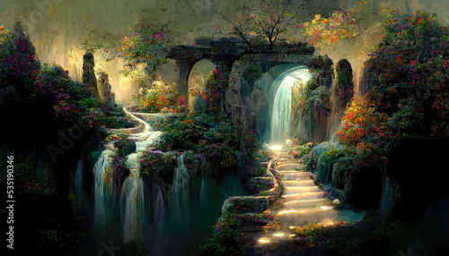AI generated image of a fantastical elvish forest with waterfalls, colorful trees and  mystical pathways photo