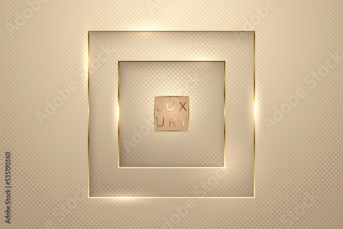 Vector pink gold luxury background for vip invitation card or flyer. Square paper cut frame with golden line edges and light flares. Premium design banner