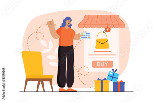 Orange concept Mobile commerce with people scene in the flat cartoon style. Girl wants to buy a bag and pay for it with a bank card. Vector illustration.