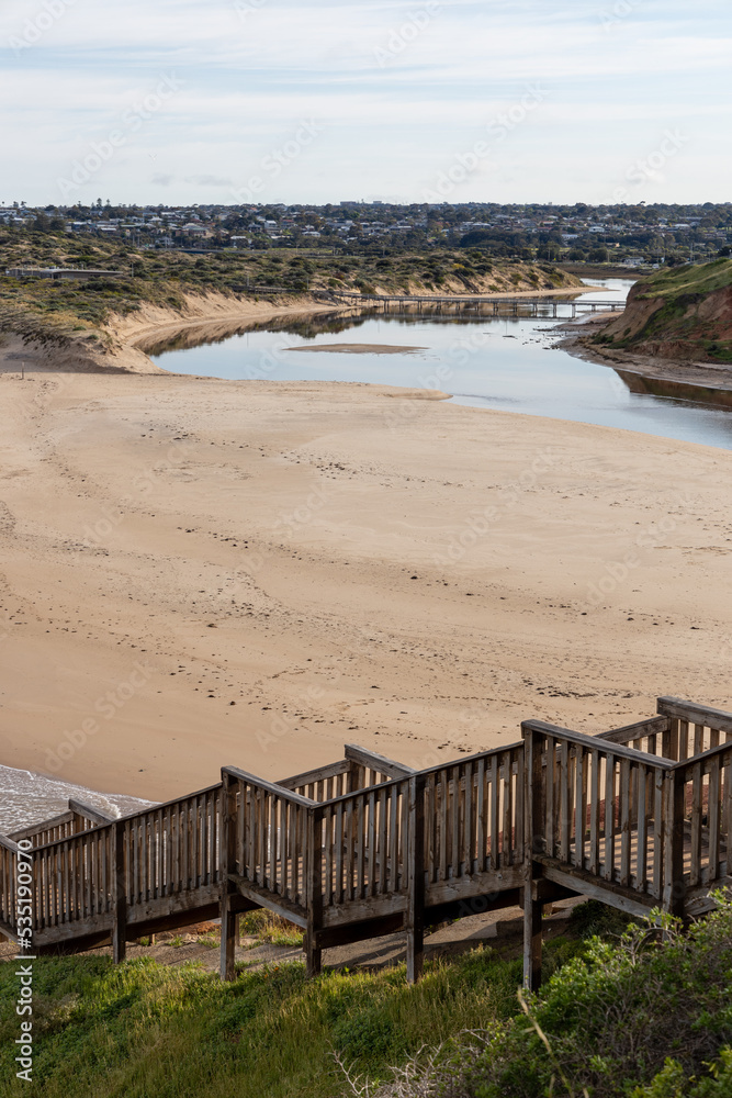 The Onkaparinga River  and iconic southport stairs in Port Noarlunga South Australia on September 22nd 2022
