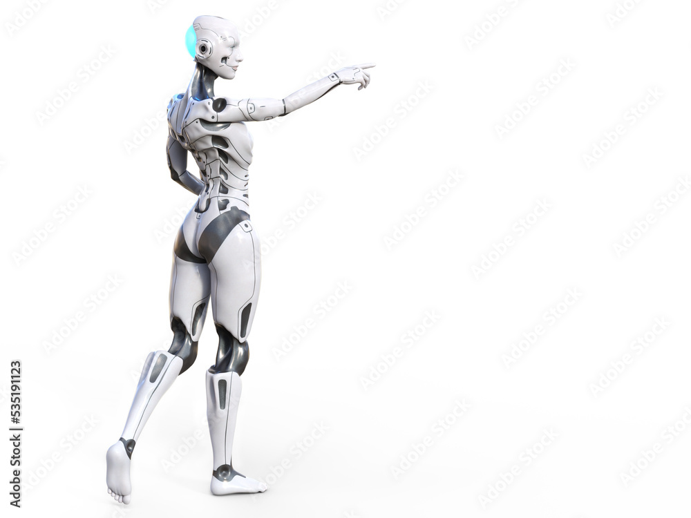 3D rendering of a female android pointing with white background.