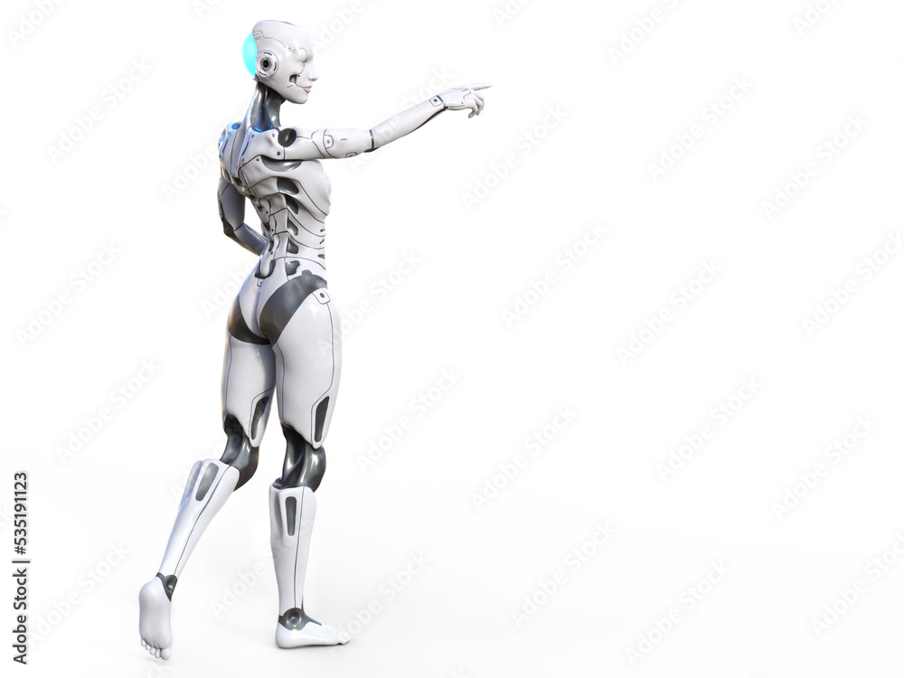 3D rendering of a female android pointing with white background. 3D rendering of a female android pointing with white background.