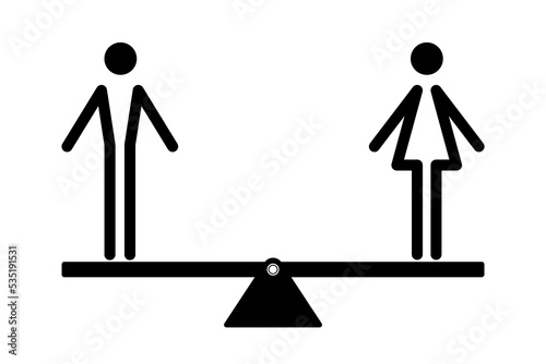 Gender equality concept. Man and woman icon on a seesaw. Vector illustration