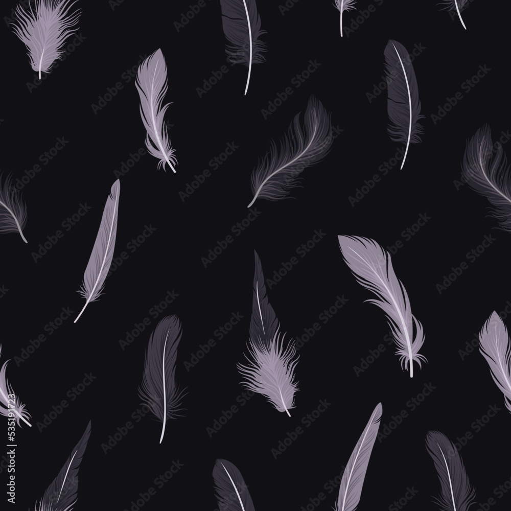 Obraz premium Seamless mystical pattern with feathers on a dark background