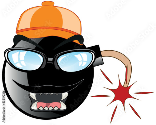 Cartoon of the bomb bespectacled and headdress