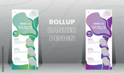 Travel Business Roll Up Banner template design vector illustration, Banner Template,Purple and Green color shape,unique Design,Abstract Organic Background.