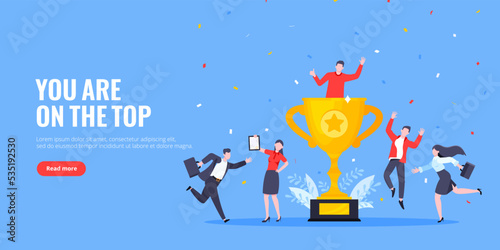 Employee recognition or proud workers of the month business concept flat style design vector illustration. Young adult people jump in the air near trophy cup.