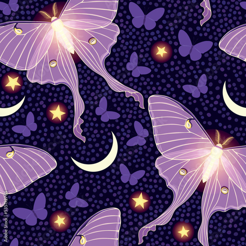 Pink moon moth with stars vector seamles pattern