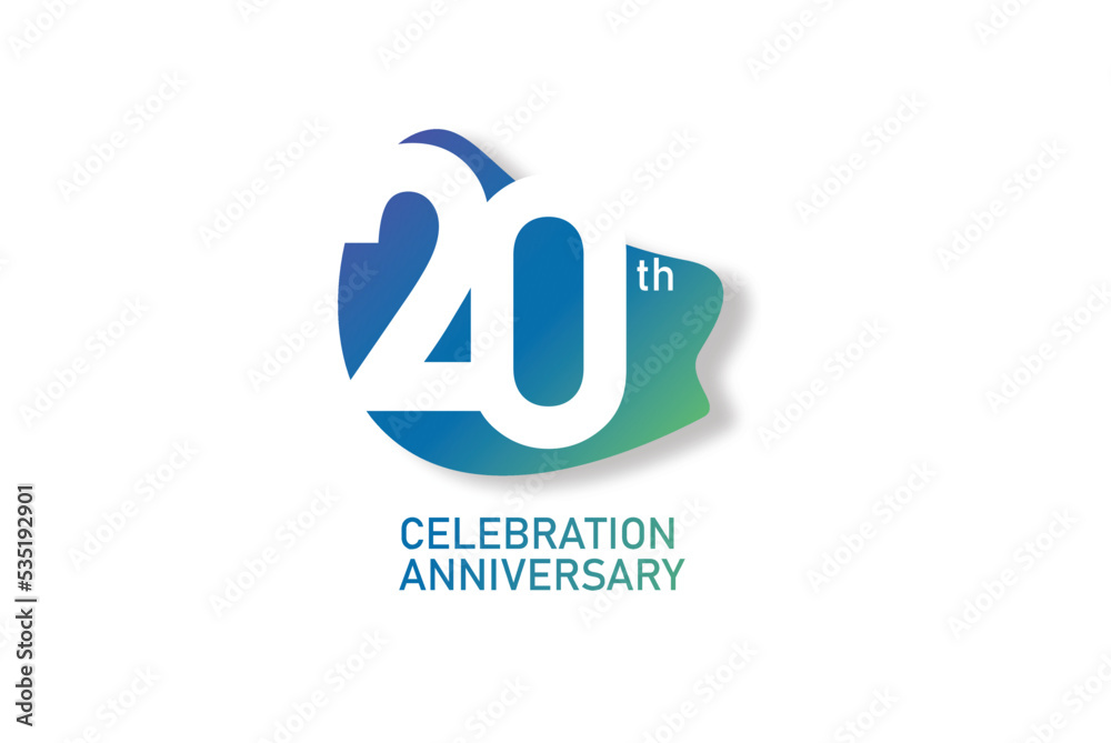 20 year anniversary celebration fun style logotype. anniversary white logo with green blue color isolated on red background, vector design for celebration, invitation and greeting card - Vector