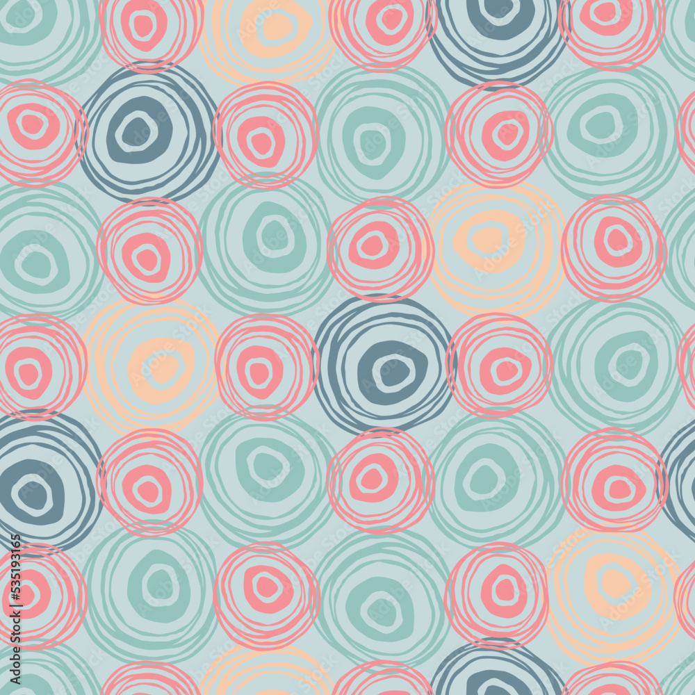 Doodle texture with scribble circles. Regular abstract seamless pattern. Green, red and gray colors. Hand drawn elements background for wrapping, fabric, wallpaper or cards.
