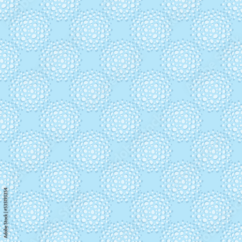 Winter blue roses or snowflakes. Abstract seamless pattern. Doodle circles in regular grid. Hand drawn elements background for wallpaper, wrapping, fabric or cards.