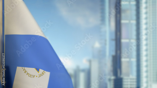 flag of Nicaragua on modern city architecture bokeh background for any holiday - abstract 3D illustration