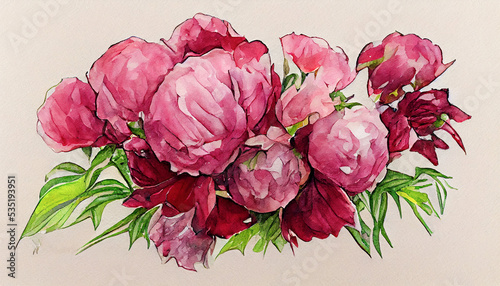 watercolor drawing bouquet of pink and burgundy flowers