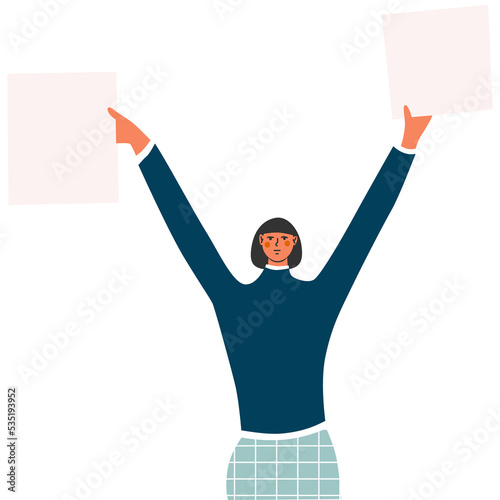 Female protester. Women demonstration, feminism. Woman rightss union, female power and solidarity. Flat vector illustration in trendy colors. photo