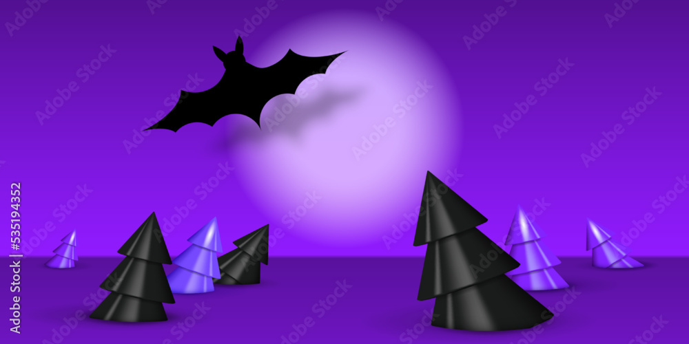 Scary Halloween Night. Dark landscape with fallen forest, big bat and full moon