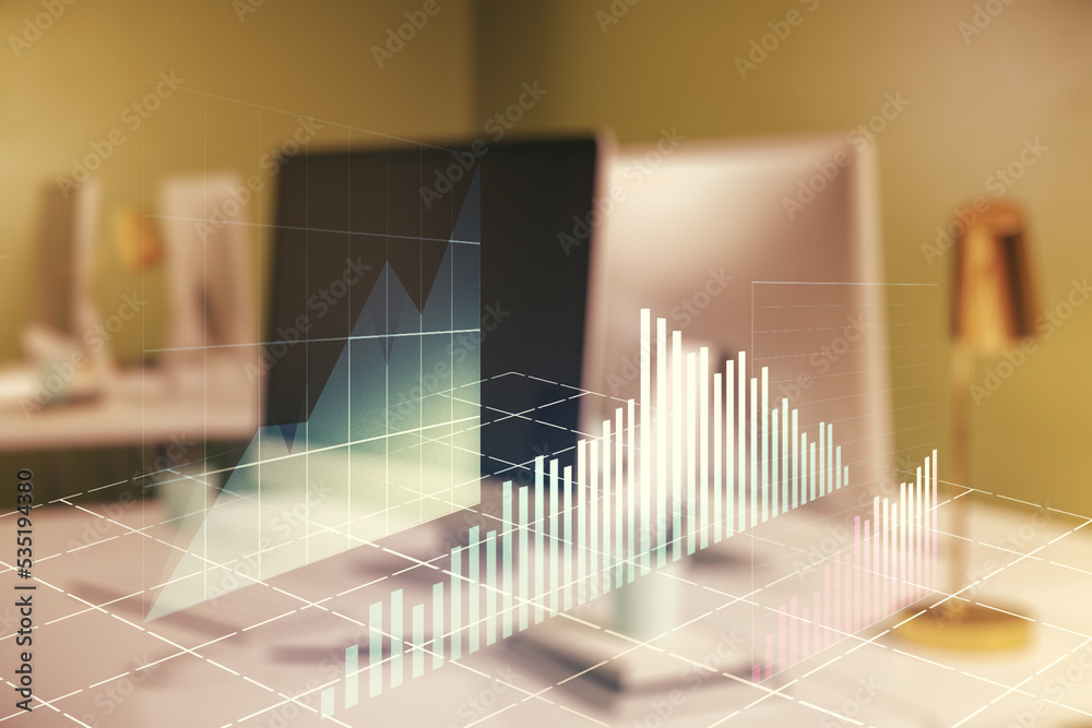 Double exposure of abstract creative financial diagram on modern laptop background, banking and accounting concept Double exposure of abstract creative financial diagram on modern laptop background, banking and accounting concept