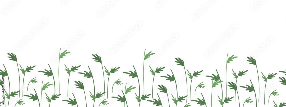 Seamless frame with flower stems in shades of green on a white background. Botanical border, banner for placing text, etc.Rectangular vector illustration in naive style for promotion, discounts