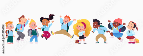 Group of happy multiracial kid students in uniform  jumping isolated. Back to school vector flat illustration. For banners design.
