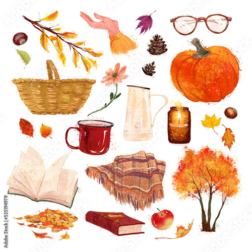 Collection of autumn cozy traditional elements – pumpkin, plaid, book, apple, park trees isolated. Warecolor hand drawn fall illustration. photo