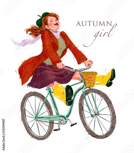 Happy young lady in red coat ride a bike in the autumn park. Warecolor hand drawn fall illustration.