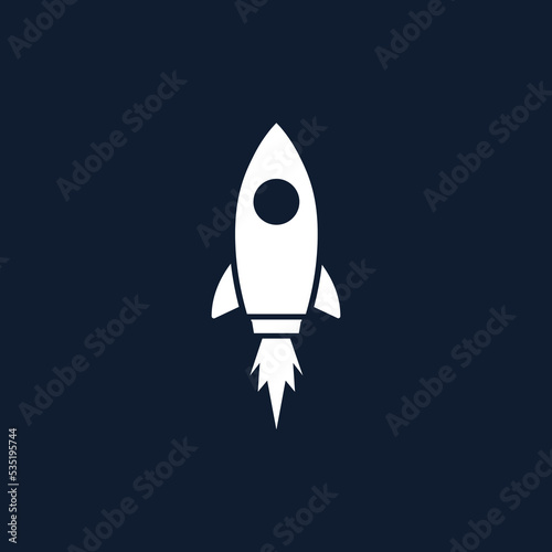 Simple rocket icon design. White rocket isolated on dark background. Spaceship logo.