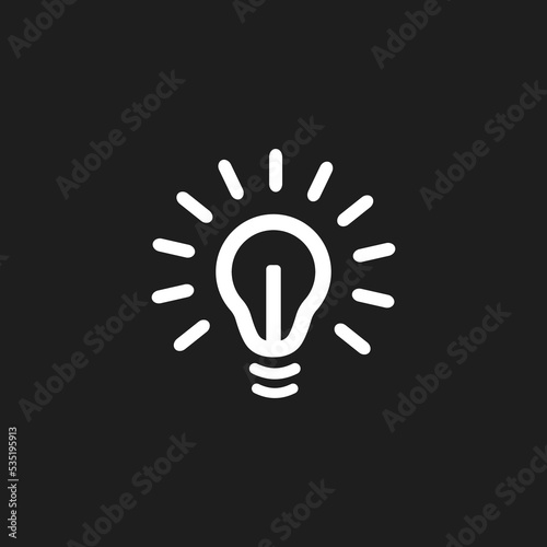 Simple minimal light bulb icon design. White light bulb logo isolated on dark background vector illustration. 