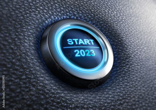 Fototapeta Blue illuminated start button year 2023 - 3D illustration