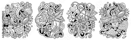 Honey cartoon vector doodle designs set