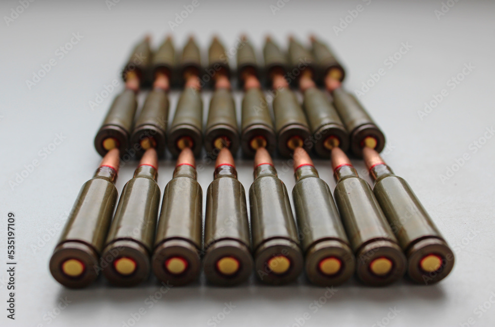 Closeup View Of live ammunition capsules for assault rifle laid out in rows on white background
Closeup View Of live ammunition capsules for assault rifle laid out in rows on white background