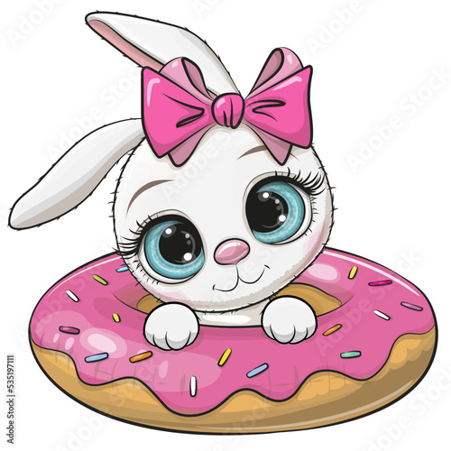 Cartoon Rabbit girl swimming on pool ring donut