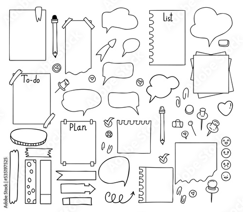Notebook labels. Collection of stationery sheets, planners, to do list, reminder, notepaper, paperclips and stickers. Vector Isolated hand drawn doodles.