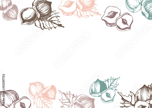 Horizontal background design with hazelnuts and leaves. Handwritten vector illustration.