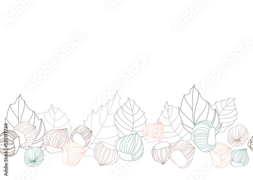 Horizontal background design with hazelnuts and leaves. Handwritten vector illustration.