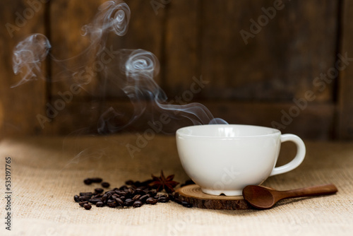 white hot coffee mug and smoke