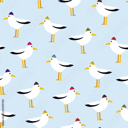 Seamless pattern with funny seagull. Colorful hat.