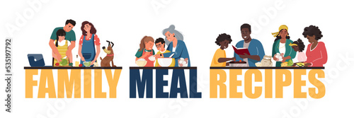 Happy family member cooking together at home kitchen. Family meal recipes landing page template. Smiling men father, women mother, children preparing homemade meals flat cartoon vector illustration. 