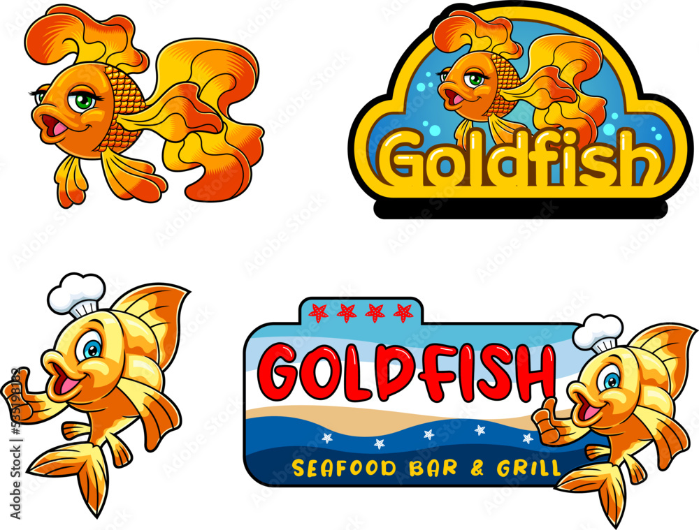 Gold Fish Or Goldfish Cartoon Character Logo Design. Vector Hand Drawn Collection Set Isolated On Transparent Background
