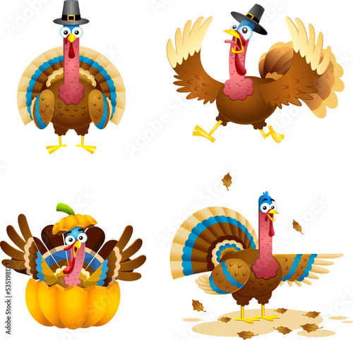 Turkey Cartoon Characters  Flat Design. Vector Collection Set Isolated On Transparent Background