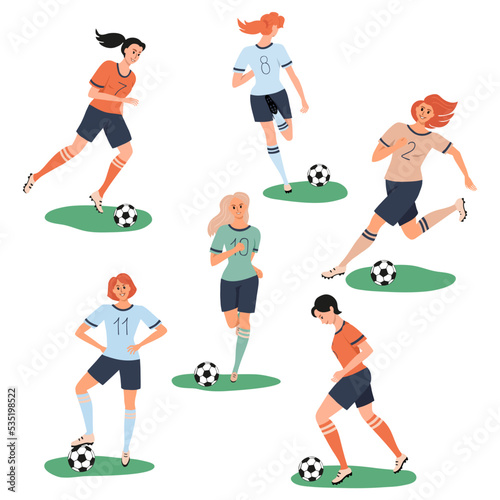 Set of different beautiful smiling girl soccer player running kicking a ball. Collection of woman playing football. Colorful female character isolated on white background. Vector illustration.