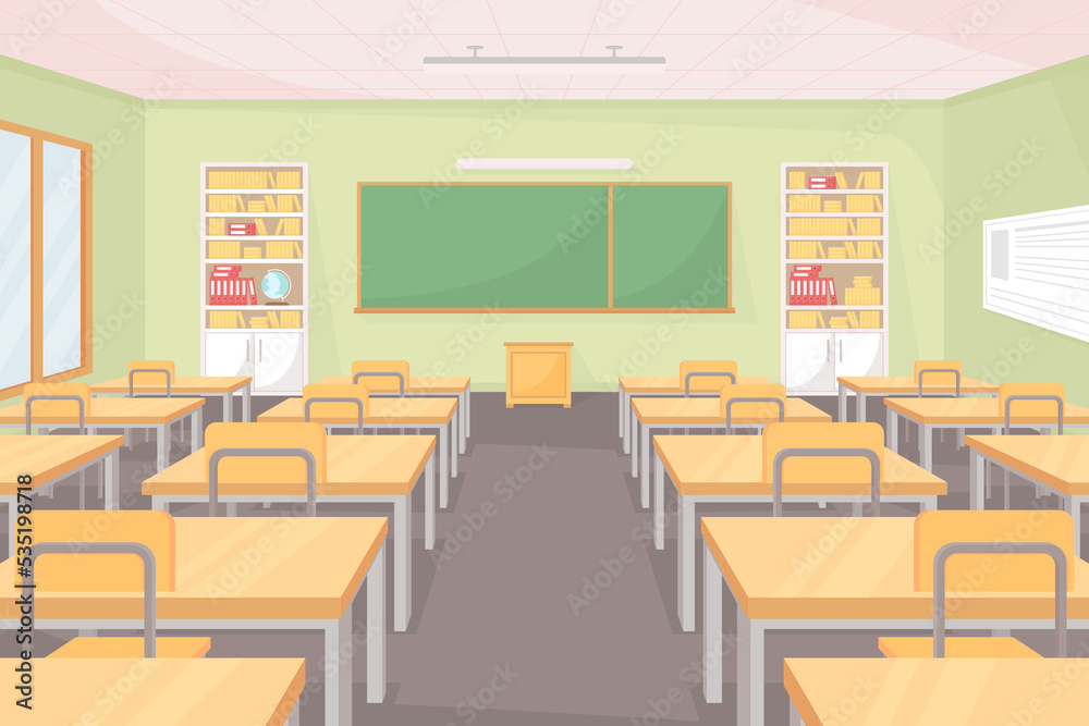 School classroom flat color raster illustration. Empty class with row of desks and chairs. Space for studying and teaching. Middle school room 2D cartoon interior with chalkboard on background